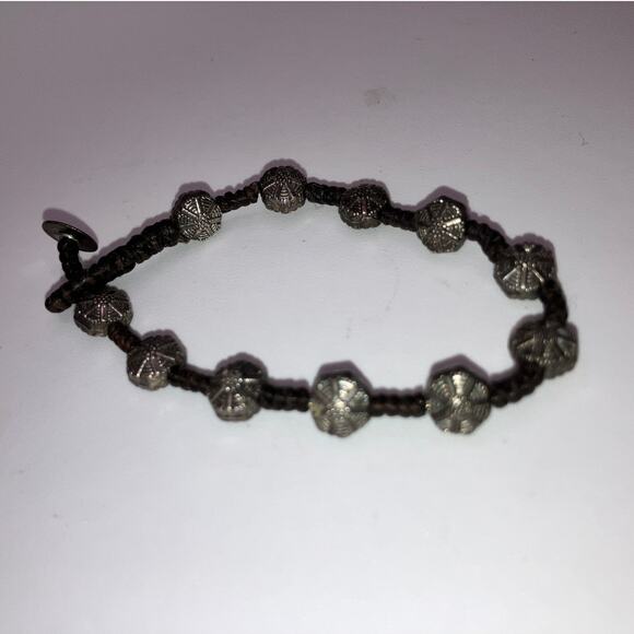 Silver Spinel Textured Beads on Brown Tied Rope 7 1/8" Bracelet! - Picture 6 of 7